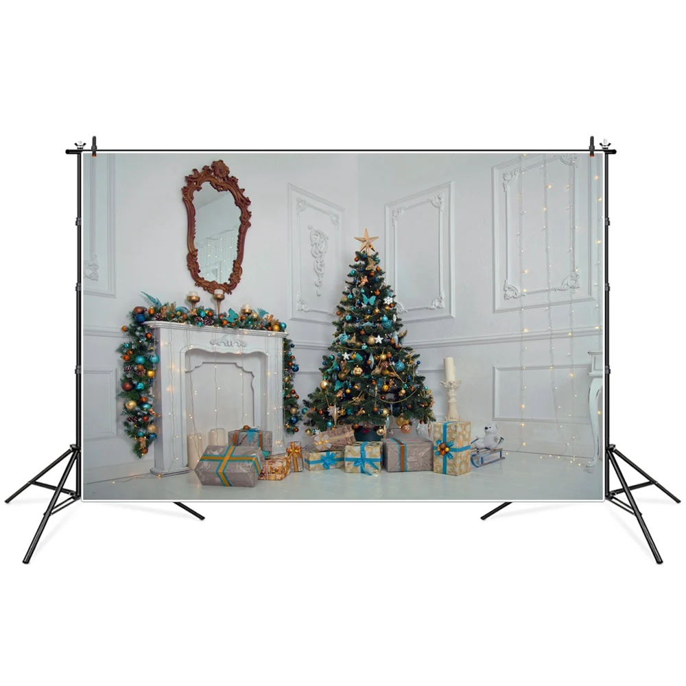

Рождественская елка подарки Гирлянда зеркало камин комната Фотография фоны под заказ фотография Стенд фоны