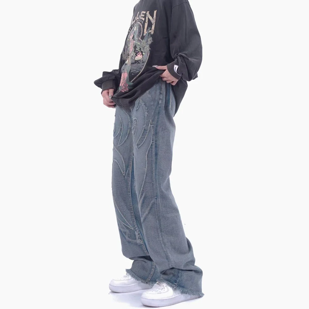 American Street Hip-Hop Jeans Niche Stitching Patch Made Old Jeans Mens Trend Raw Edge Design Casual Trousers Straight Leg Pants