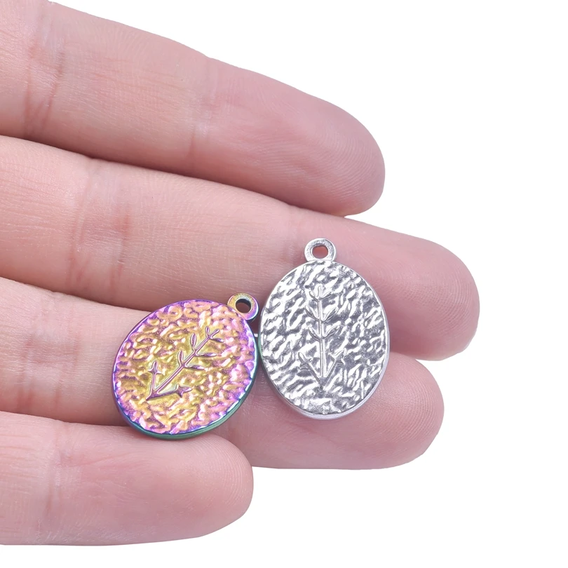 

5pcs/Lot Stainless Steel Hammered Oval Plaque Charms Rainbow Silver Color Carving Grass Plant Pendant For Jewelry Making Earring