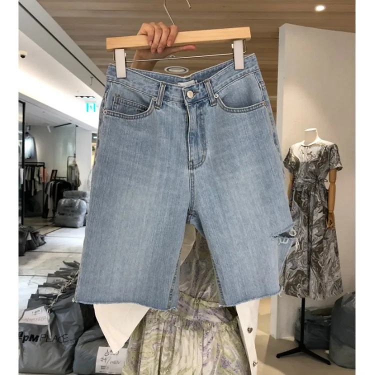 

2022 Summer Fashion Vintage Black High Waist Women's Denim Shorts Hole Oversize Casual Slim Blue Straight Pantalones