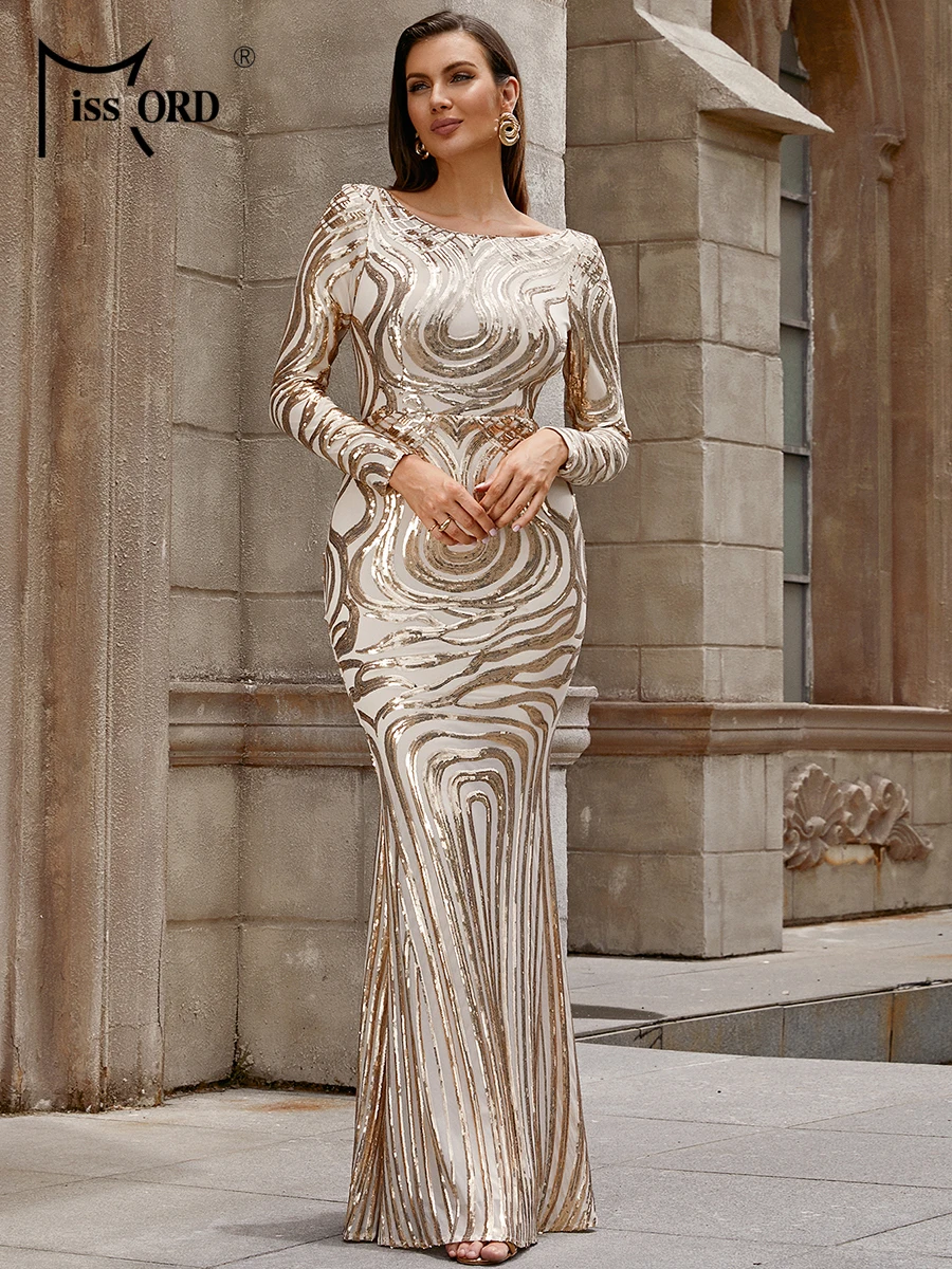 

Missord Gold Sequin Mermaid Dress Women Long Sleeves O-Neck Open Back Bodycon Wedding Party Prom Evening Dresses Formal Gown