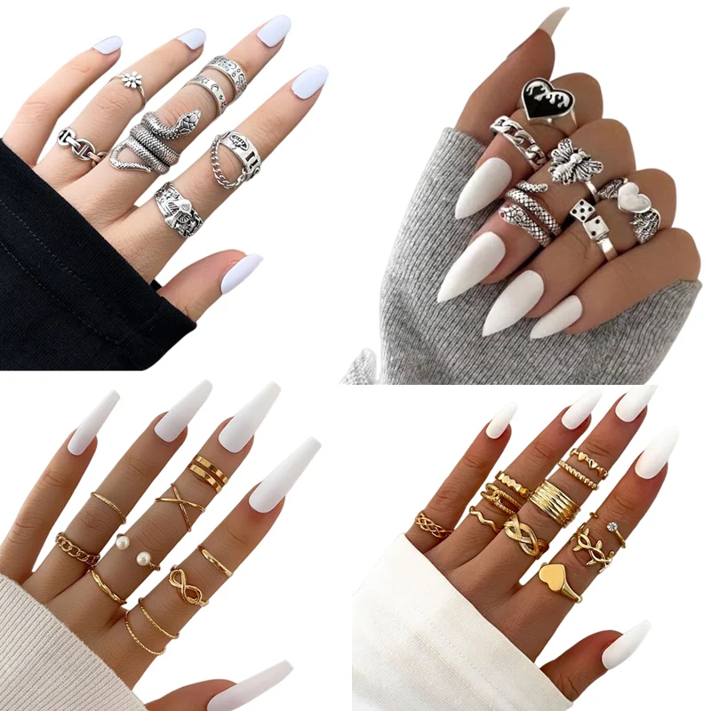 

11 Sets Different Style Finger Rings For Women Party Decorate Punk Skull Classic Silver Color Open Joint Ring Enamel Animal Girl