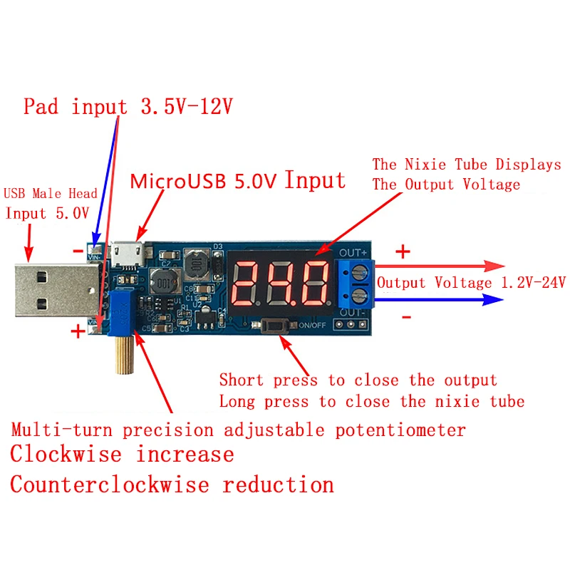 USB-понижающий модуль питания DC-DC 5 В до 3 В/9 В/12 с ЖК-дисплеем Регулируемый
