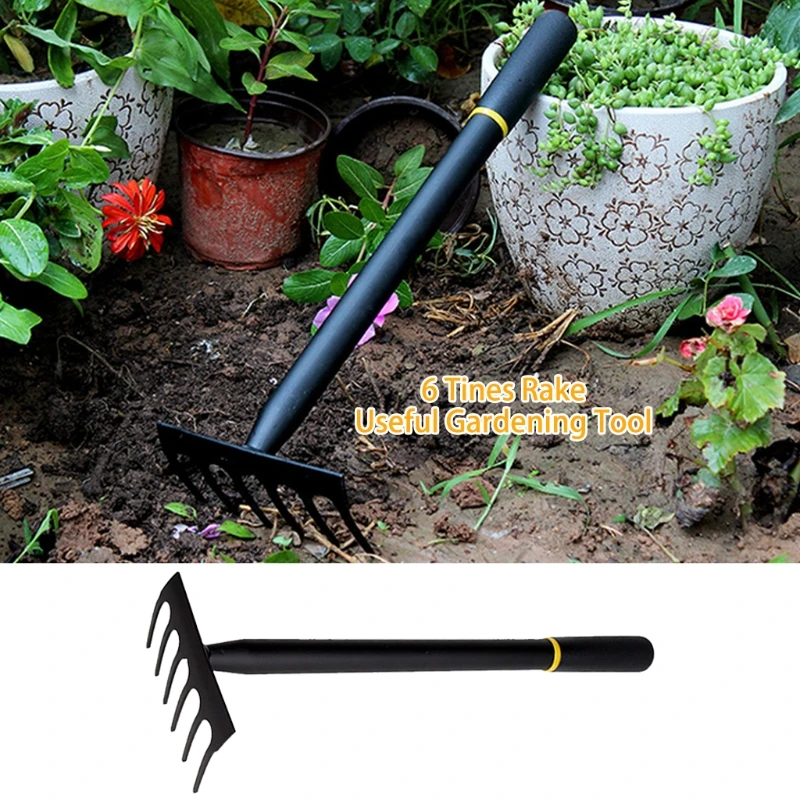 

Black Small Rake 6 Tines Manganese Steel Rake Comfortable and Sharp Garden Hand Rake Garden Hand Rake B03E