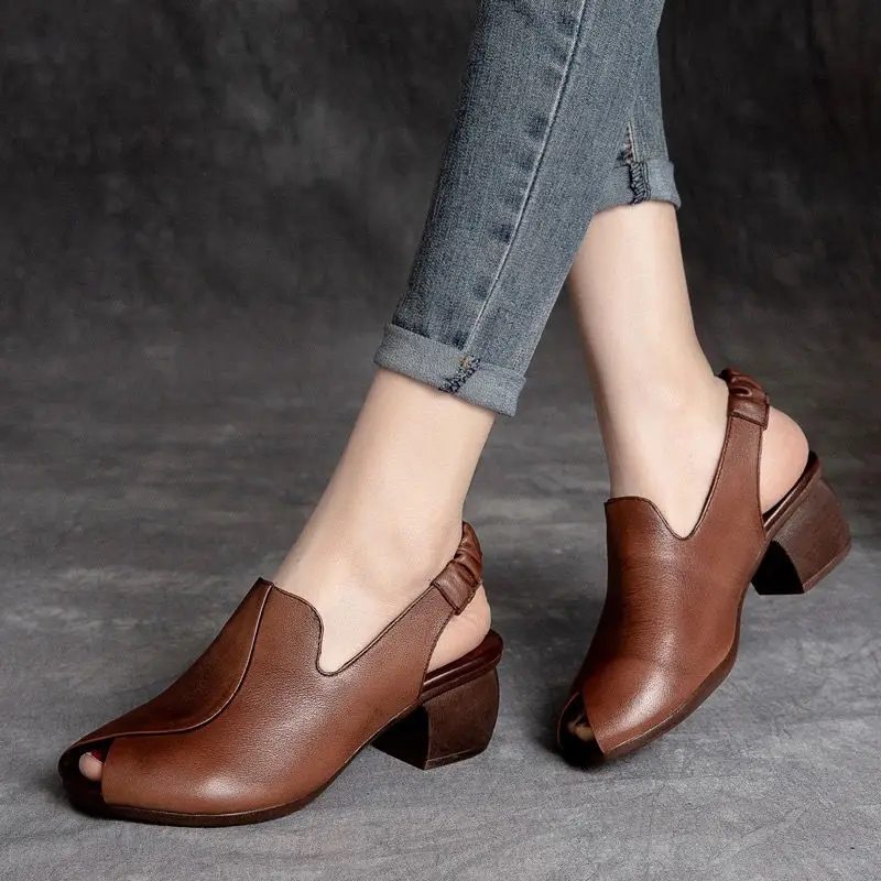 

2022 Vintage Genuine Leather Sandals Mid Heel Summer Fish Mouth Ladies Shoes Summer Shoes Casual Mother Sandals