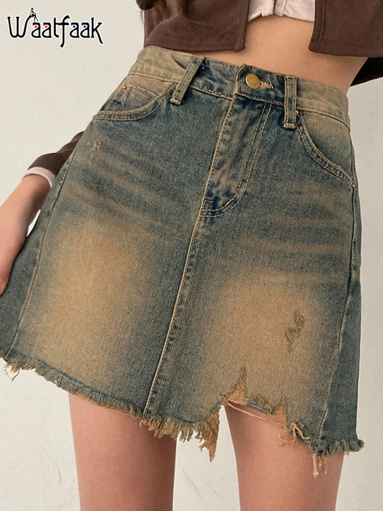 

Женская рваная джинсовая мини-юбка с карманами, с завышенной талией