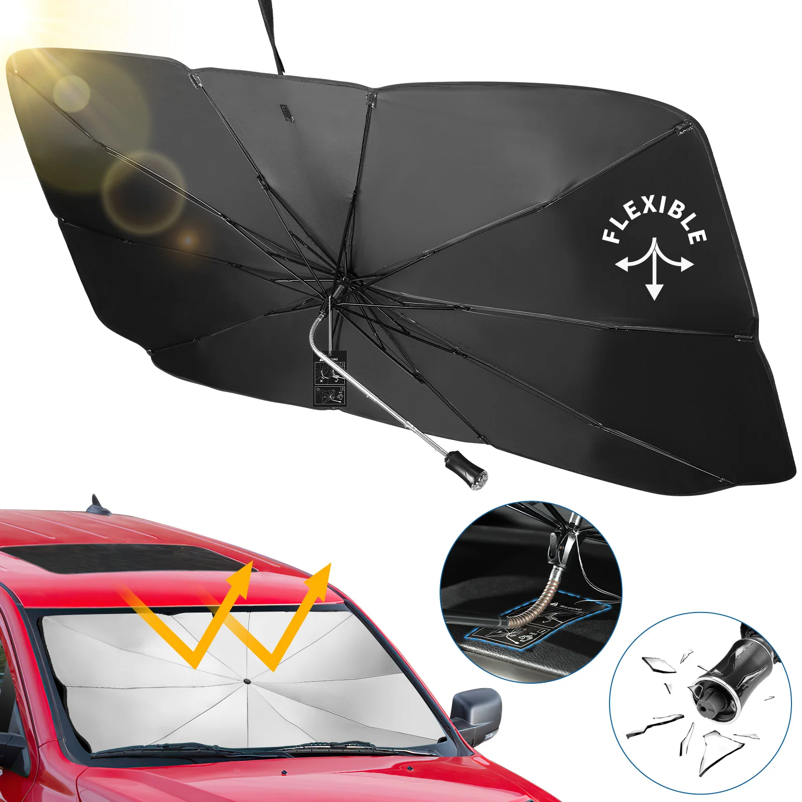 

Universal Front Windshield Cover Car Sunshade Umbrella Security Hammer Protective Bendable Cover Interior Car Accessories