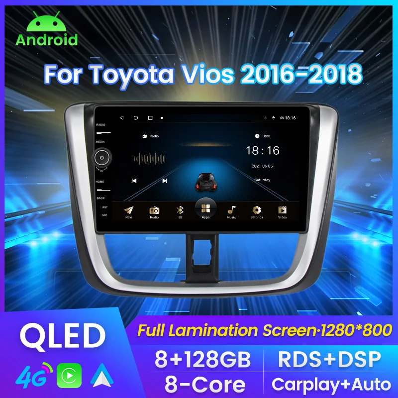 

Автомобильный радиоприемник QLED 10 дюймов Carplay + Auto 8 + 128G для Toyota Vios 2016-2018 мультимедийный плеер GPS-навигация WIFI 4G RDS DSP BT