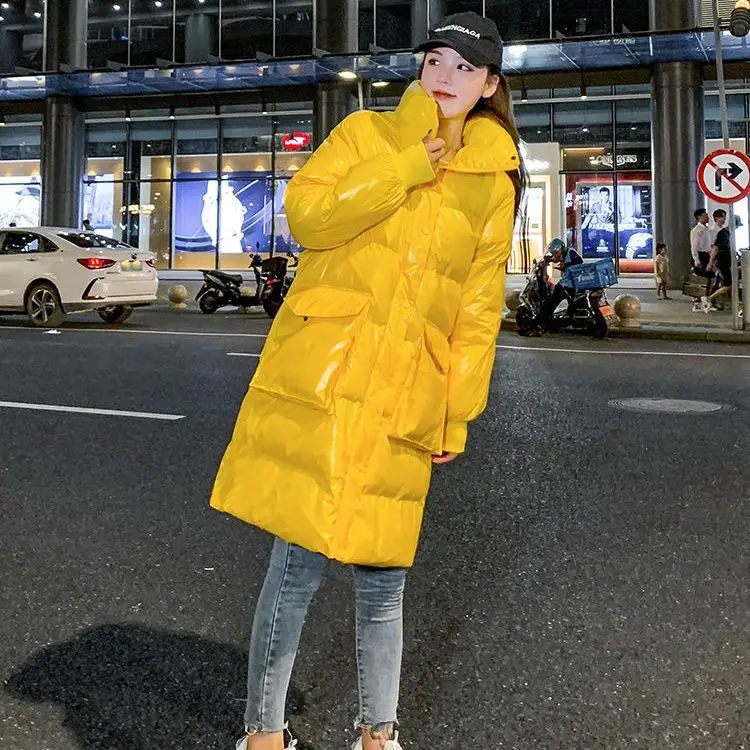 Glossy Free Wash Down Cotton Coat for Women Long Thick Warmth Stand Collar Parkas 2023 Winter New Loose Clothing Feminine S90