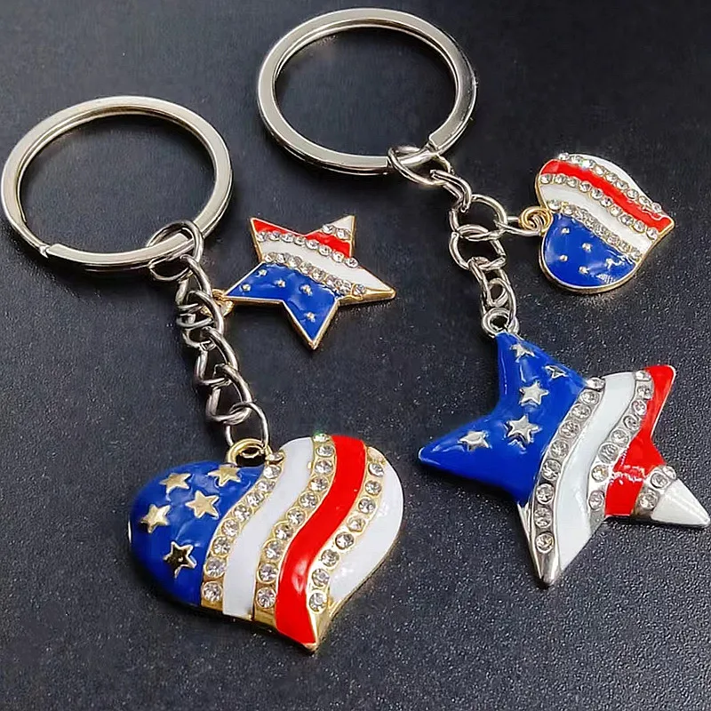 

2022 New USA Flag Enamel Rhinestone Star Pendant Keychain Patriotic 4th of July Independence Day key chains keychain charms