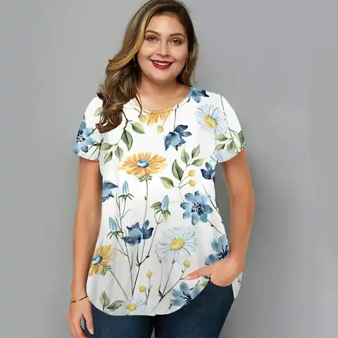 Plus Size Lady Clothing Summer 3d Flowers Bird Print Short-Sleeve Tops Fashion Loose Femalewear Street Women‘s Oversized T-shirt