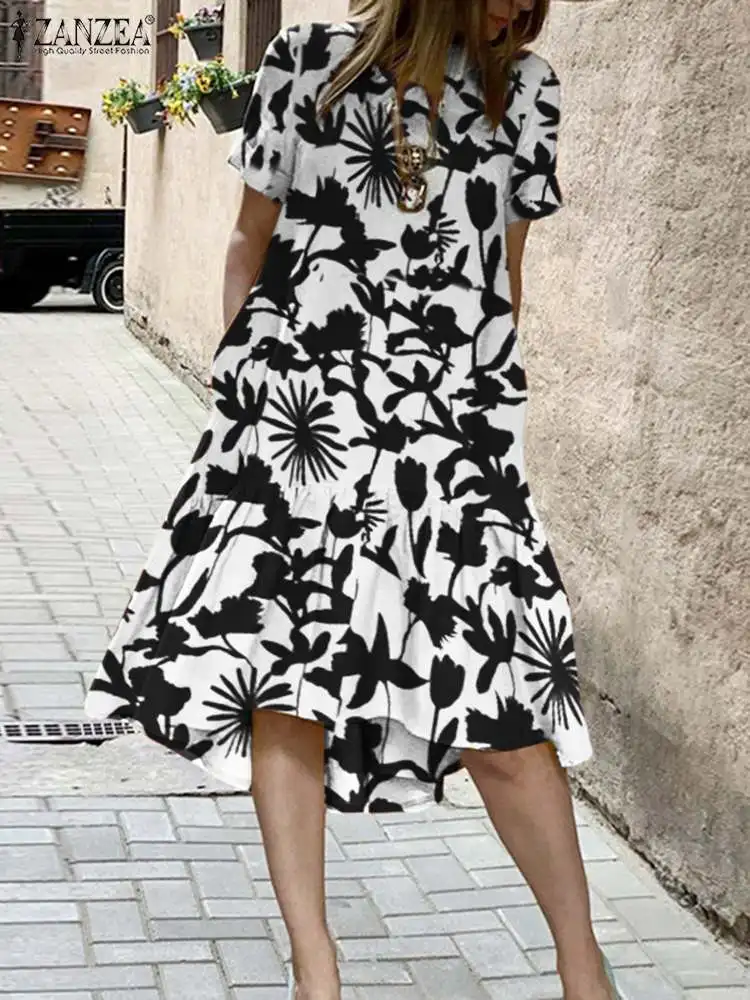 

Элегантное платье ZANZEA с оборками 2022, летнее праздничное платье миди, женское богемное Платье с принтом, повседневные платья с коротким рука...