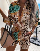 2022 fashion new womens two piece printed long sleeve shirt and shorts set