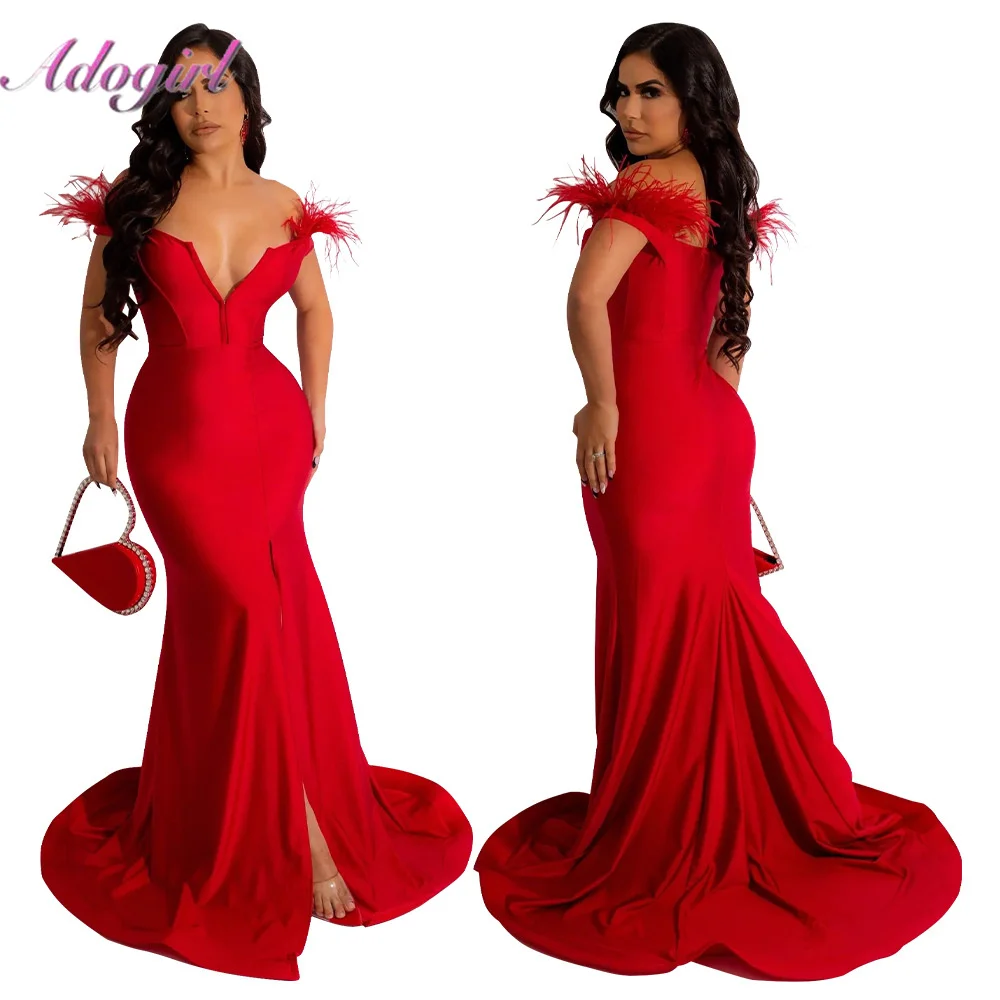 

Женское вечернее платье-русалка, Элегантное Длинное Платье с V-образным вырезом, открытыми плечами и высоким разрезом, сексуальное Клубное ...