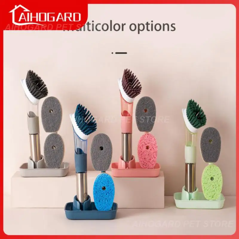 

2021 Hot Replaceable Cleaning Brush 4 In 1 Scrubber Dish Sponge Cleaning Brush Liquid Dispenser Kitchen Cleaning Set