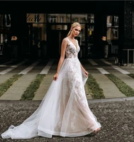 2022 champagne spaghetti straps wedding dress tulle lace appliques beading bridal gown elegant backless vestidos de novia