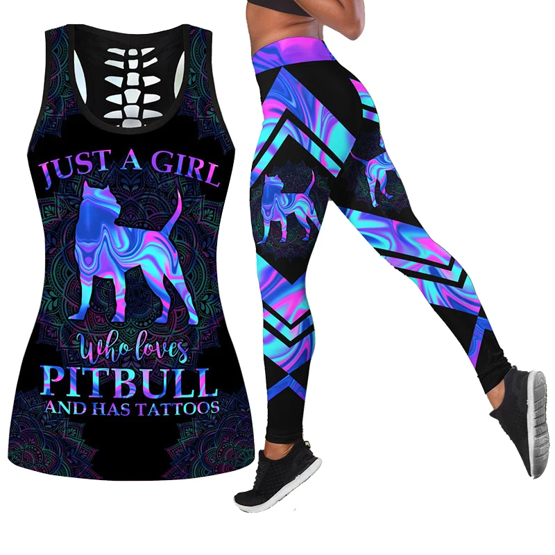 Summer Women Girl Loves Pitbull Tattoos 3D Print Hollow Out Tank Top Vest High Waist Legging Casual Sport Yoga Xs-8Xl
