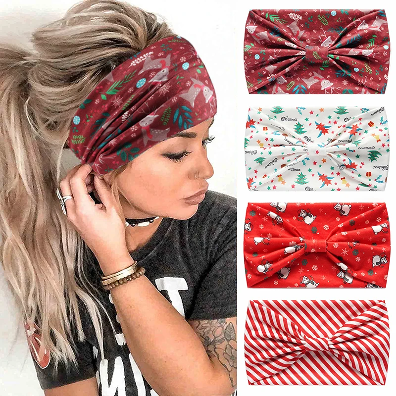 

Women Sport Yoga Headband Christmas Tree Snowflake Knotted Turban Stretch Headwrap Wide-brimmed Hairband Xmas Hair Accessories