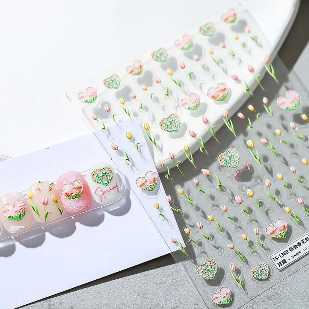 

5D Embossed Tulip Sticker Charm Decal Love Heart Thin Tough Cute Pink White Tulip Flower Carving Slider Nail Art Sticker
