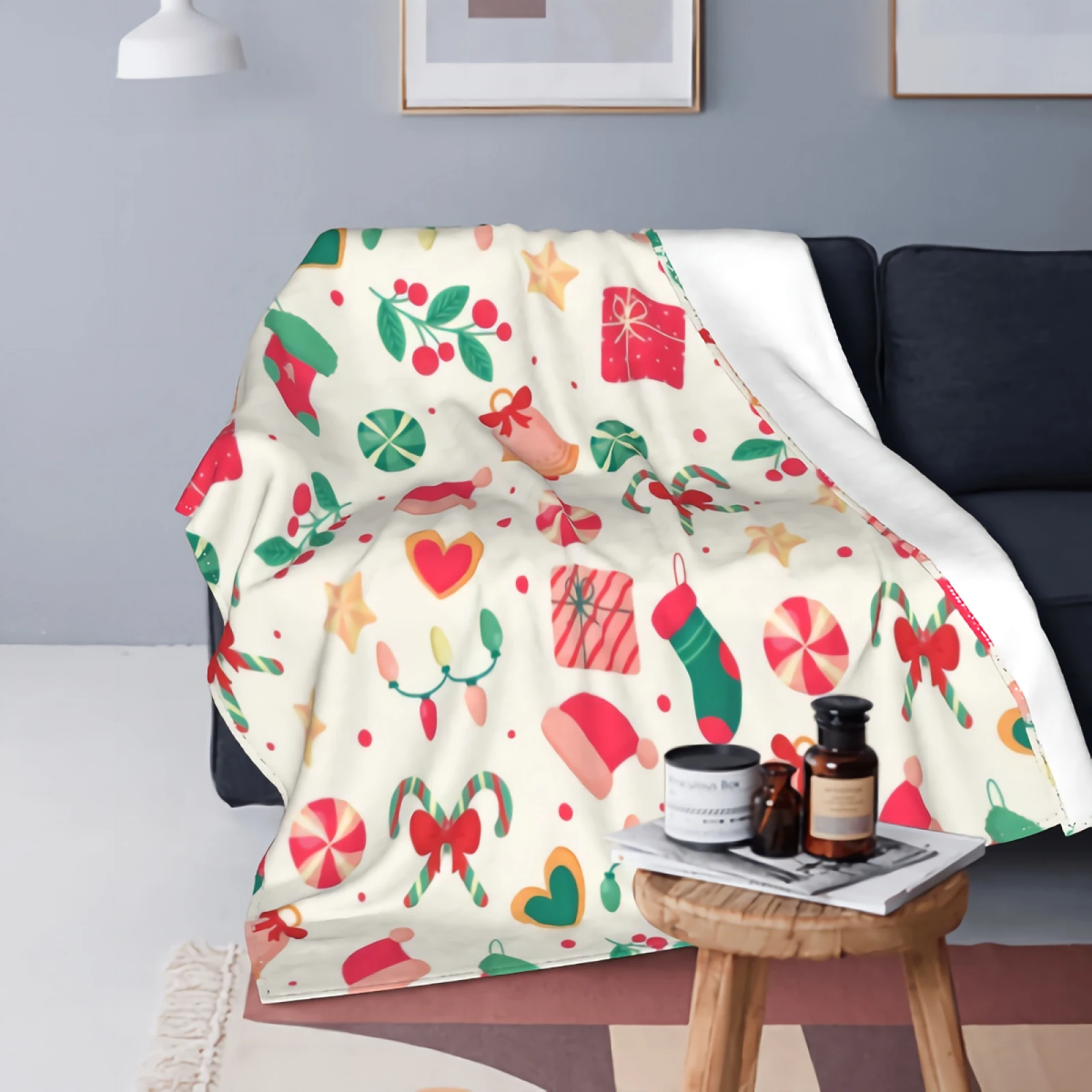 

Christmas Pattern With Holiday Elements Throw Blanket Christmas Hats Gift And Candy Ultra Soft Flannel Blanket