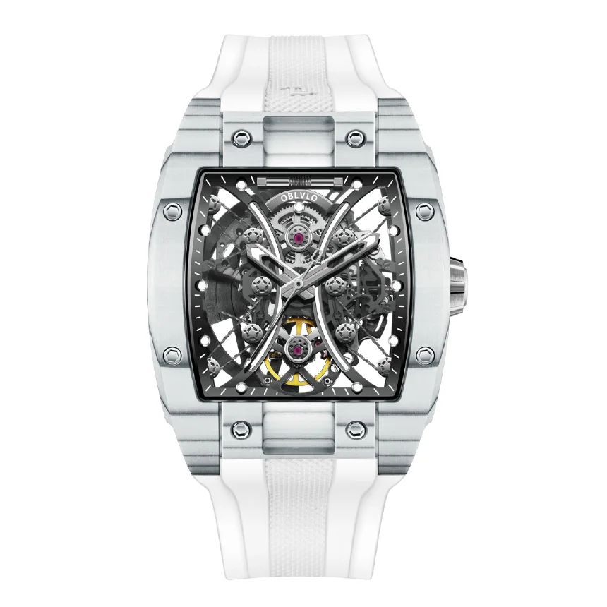 

OBLVLO Men Automatic Watch 44mm Luxury Mechanical Wristwatch Punk Waterproof Tonneau Hollow Out Dial Sapphire Rubber Strap