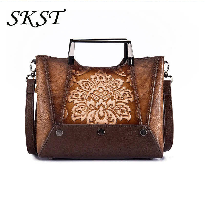 New top layer cow leather high-end retro craft embossing manual color wiping trend portable diagonal span bag long line style