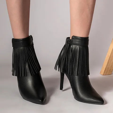 Женские ботильоны с острым носком, черные ботинки на высоком каблуке, удобные элегантные деловые ботинки с кисточками, женские ботинки