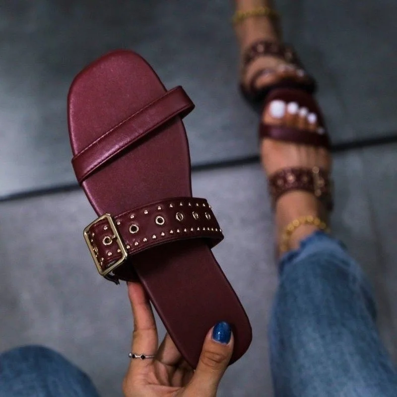 

Women Summer Metal Decoration Slides Square Heel Adult Non-slip Sandals Slippers Ladies Buckle Strap Slipper Female Sandal