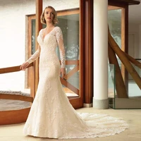 long sleeve mermaid wedding dresses for women 2022 bride v neck button lace appliques elegant bridal gowns vestidos de novia