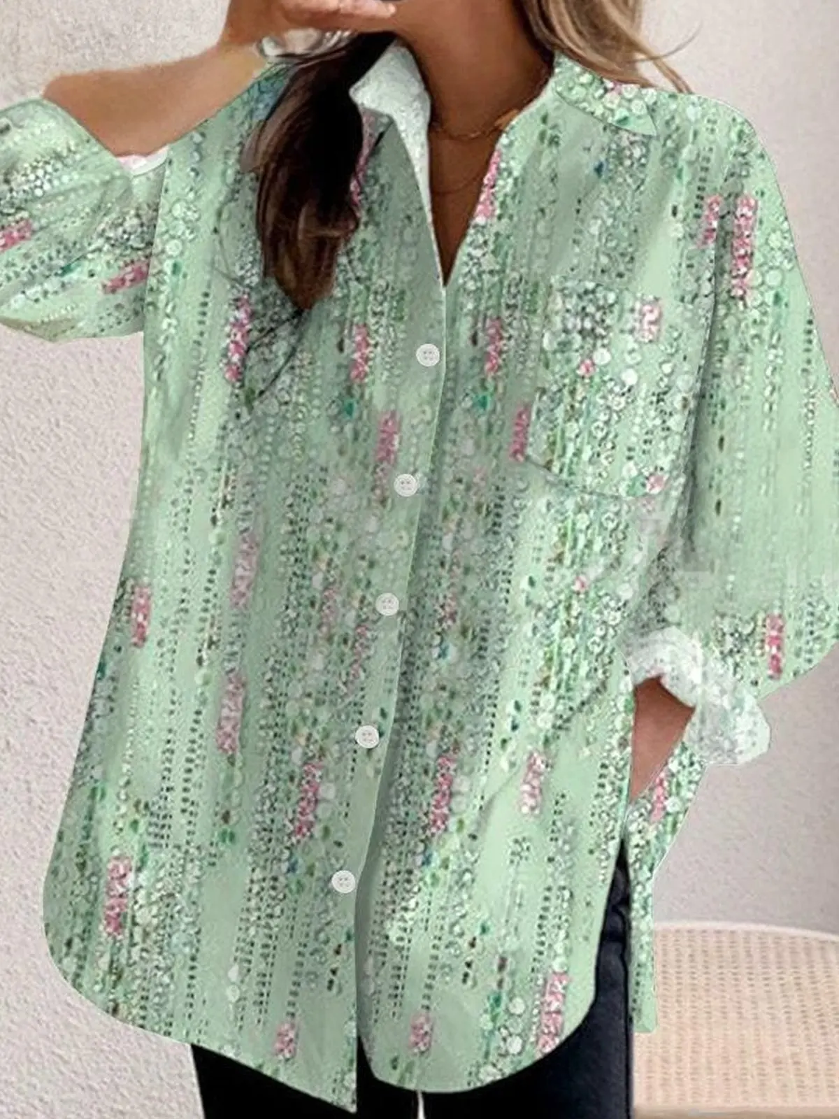 Женская Однотонная рубашка средней длины с длинным рукавом