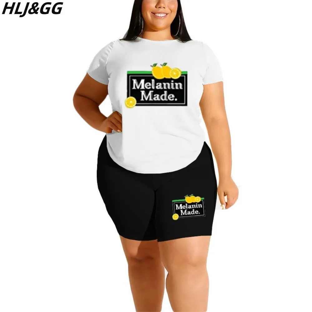 HLJ&GG Plus Size Women Clothing 2XL-6XL Casual Printing Round Neck Tshirt And Biker Shorts Two Piece Sets Summer Sporty Outfits