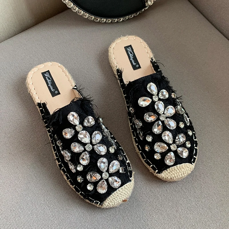 

Ladies Slippers Mules Womens Sandals For 2022 Flip Flops Women Luxury Rhinestones Slides Shoes Ladies Round Toe Designer Flats