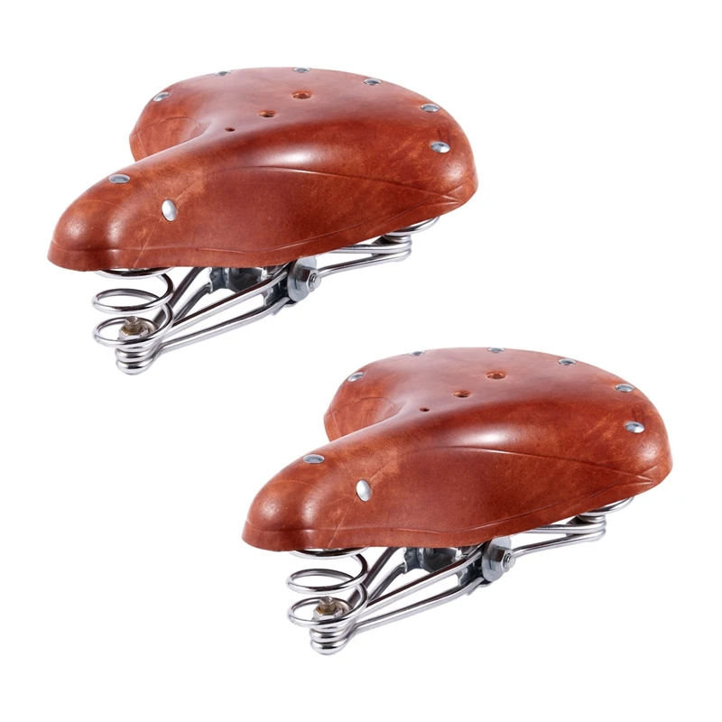 

2X Mountain Bike Saddle Retro Leather Cushion Soft And Comfortable Vintage Saddle Spring Cushion Bicycle Brown Seat