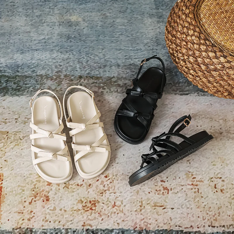 

Сандалии женские кожаные пляжные на платформе, мягкие удобные босоножки с перекрестными ремешками и бантом-бабочкой, брендовые дизайнерские, лето 2023
