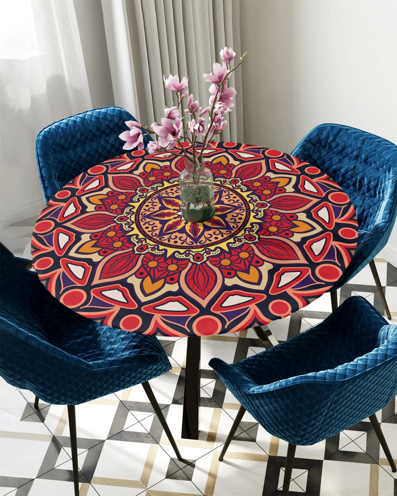 

Bohemian Round Elastic Edged Table Cover Protector Cloth Waterproof Polyester Tablecloth Rectangle Fitted Table Cover