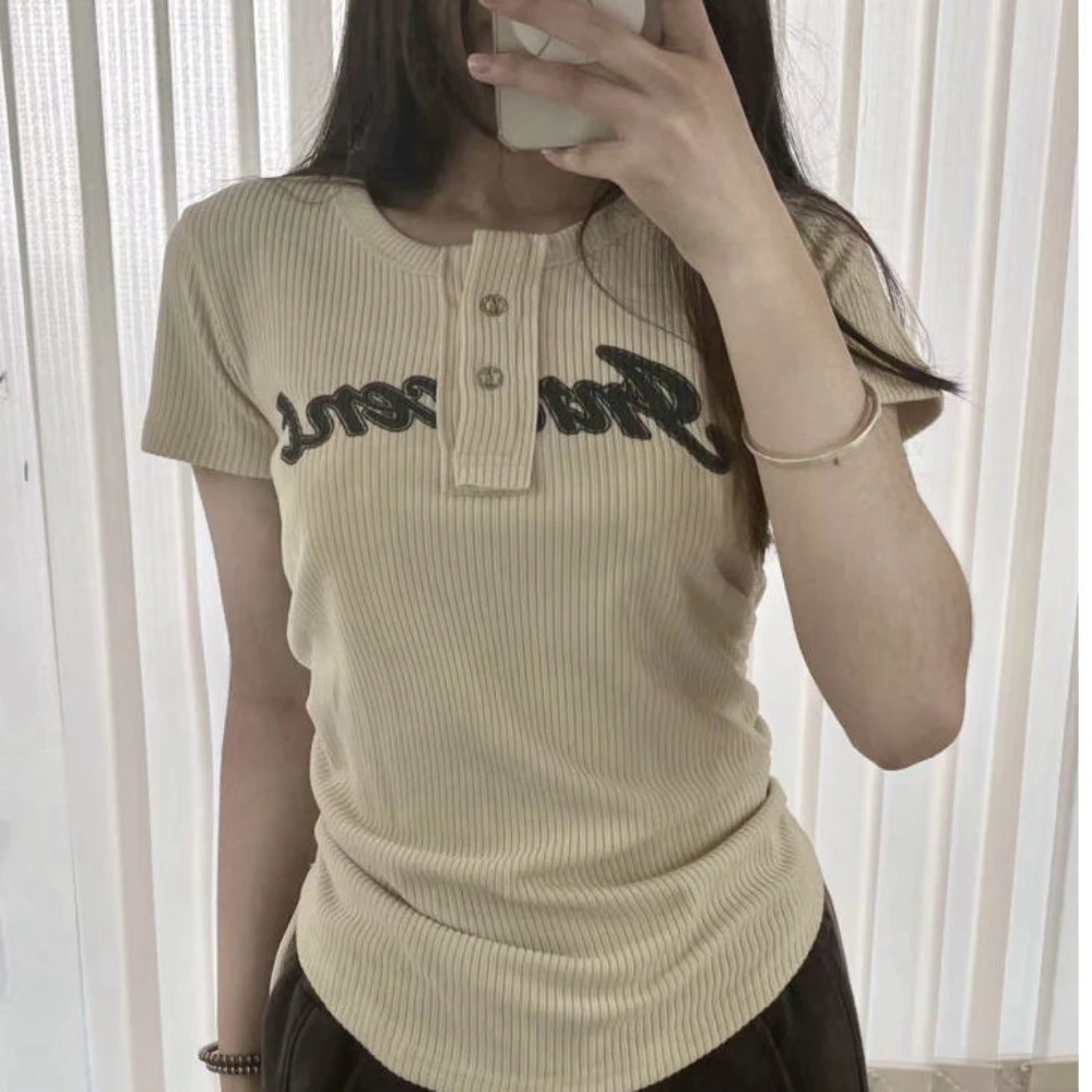 

Vintage Drawstring Print Short Sleeve T-Shirt Women's Chic Korean Letter T-Shirt Fashion Top Womens Clothing