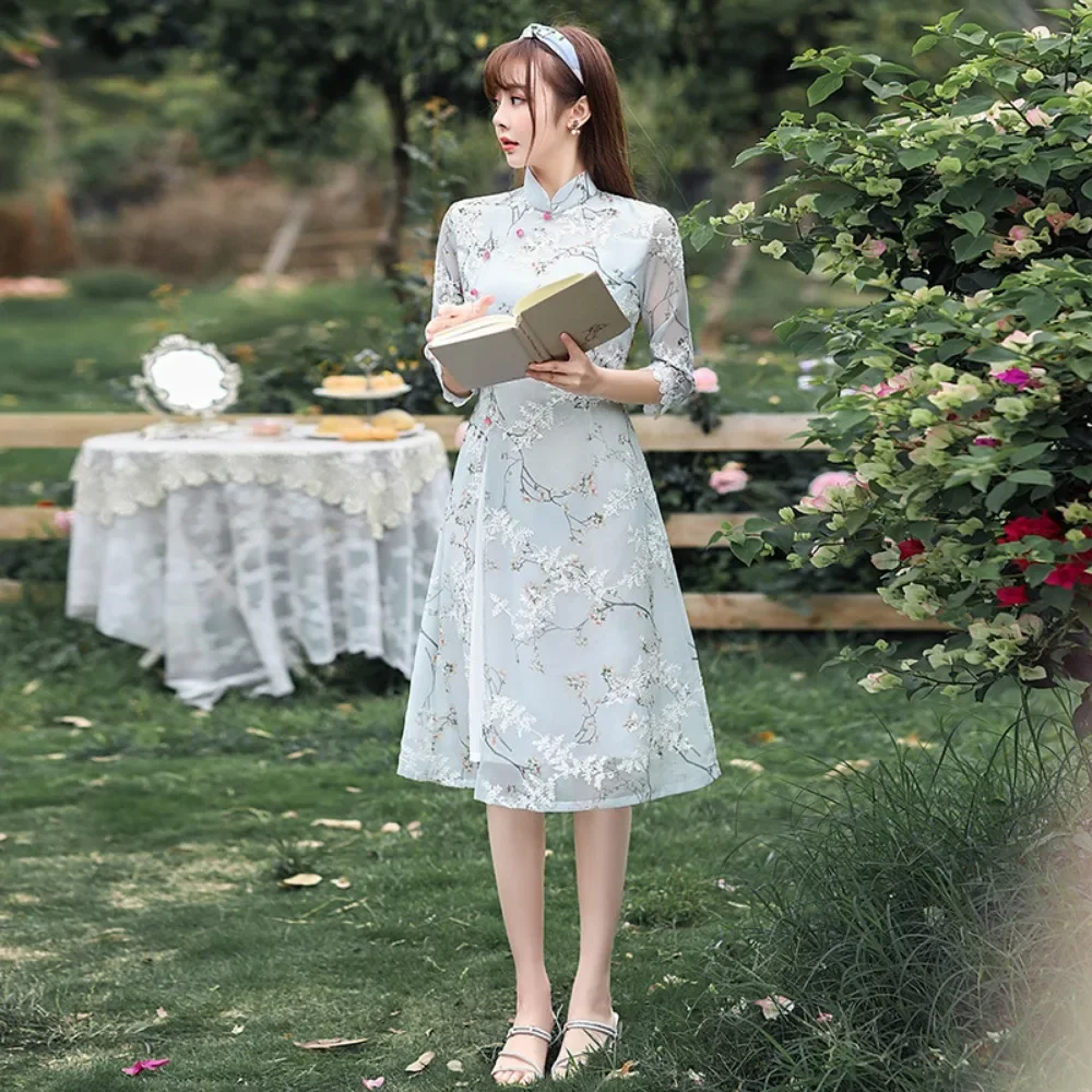 Модные элегантные платья-миди в китайском стиле Современные Moman Ципао летнее