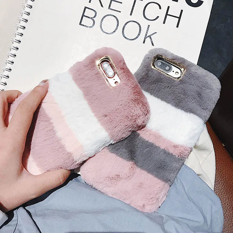Fluffy Plush Furry Fur Pink Luxury Phone Case For Samsung Galaxy S 21 S21 Ultra S20 FE Note20 10 S10 S8 S9 S7 A51 A71 A21S Cover