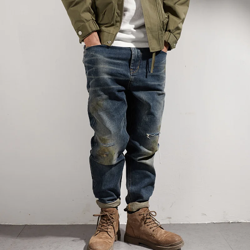 Heavy industry washing used oil stained jeans men's medium waist straight tube micro elastic patch pants