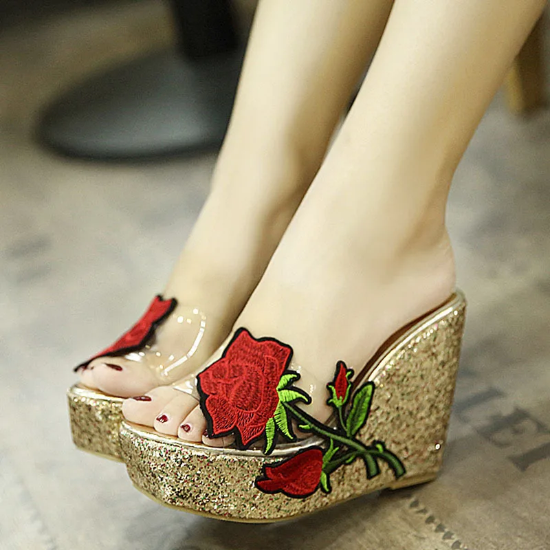 Fashion Outside Women Slippers Summer Party Shoes PU Female Sandals Slides Wedges Thick Platform Embroidery 11cm High Heels Sexy