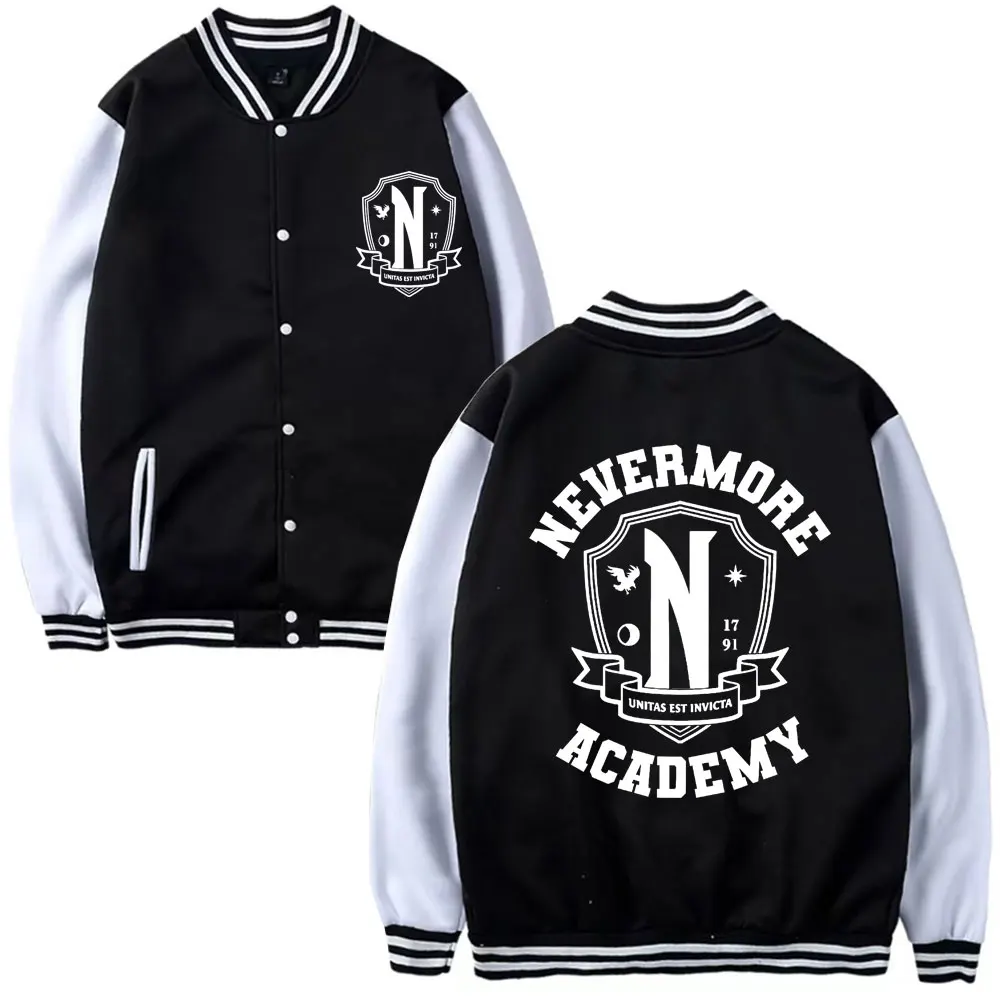 

TV Drama Wednesday Addams Bomber Jacket Nevermore Academy Logo Graphics Baseball Uniform Couple Fashion Coats Oversized Street