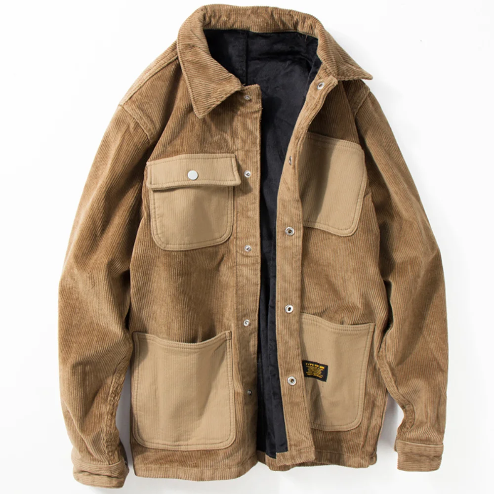 Corduroy jacket men's autumn and winter plus velvet thick lapel multi-pocket contrast Japanese retro tooling coat men
