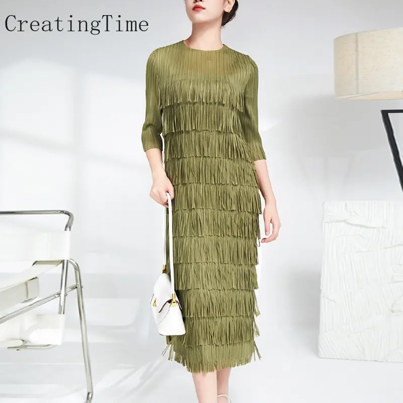

Pleated Tassel Dress Design Sense Niche Women's 2023 Spring New Solid Half-sleeve Mid-length Loose Casual Straight Dresses LH839
