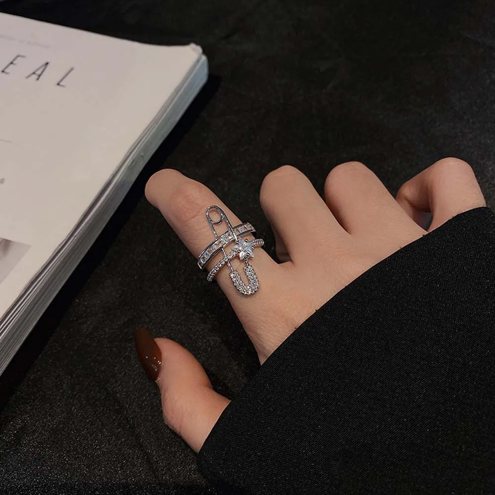 

2023 Paperclip Shaped Open Ring Exaggerated Micro-Inlaid Zircon Women Double Layer Trendy Personality Copper Finger Jewelry