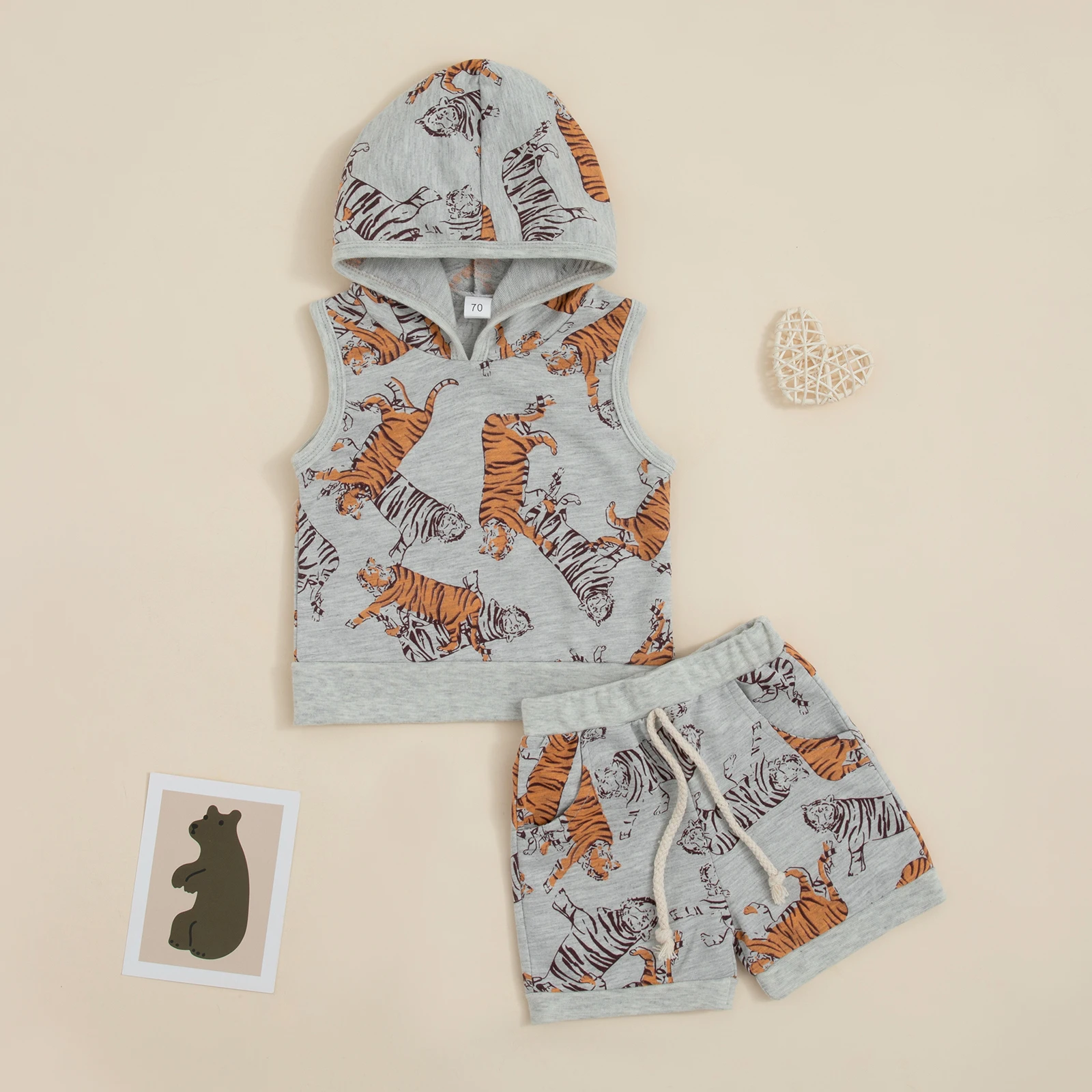 

Infants Boy Clothes Suits Baby Tiger Printed Sleeveless Hooded Tank Tops + Elastic Waist Shorts Outfits Set