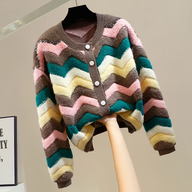

2022 Fall Winter New Beaded Single-Breasted Sweaters for Women Thickened Wave Striped Sweater Women's Loose Knit Cardigans Tops