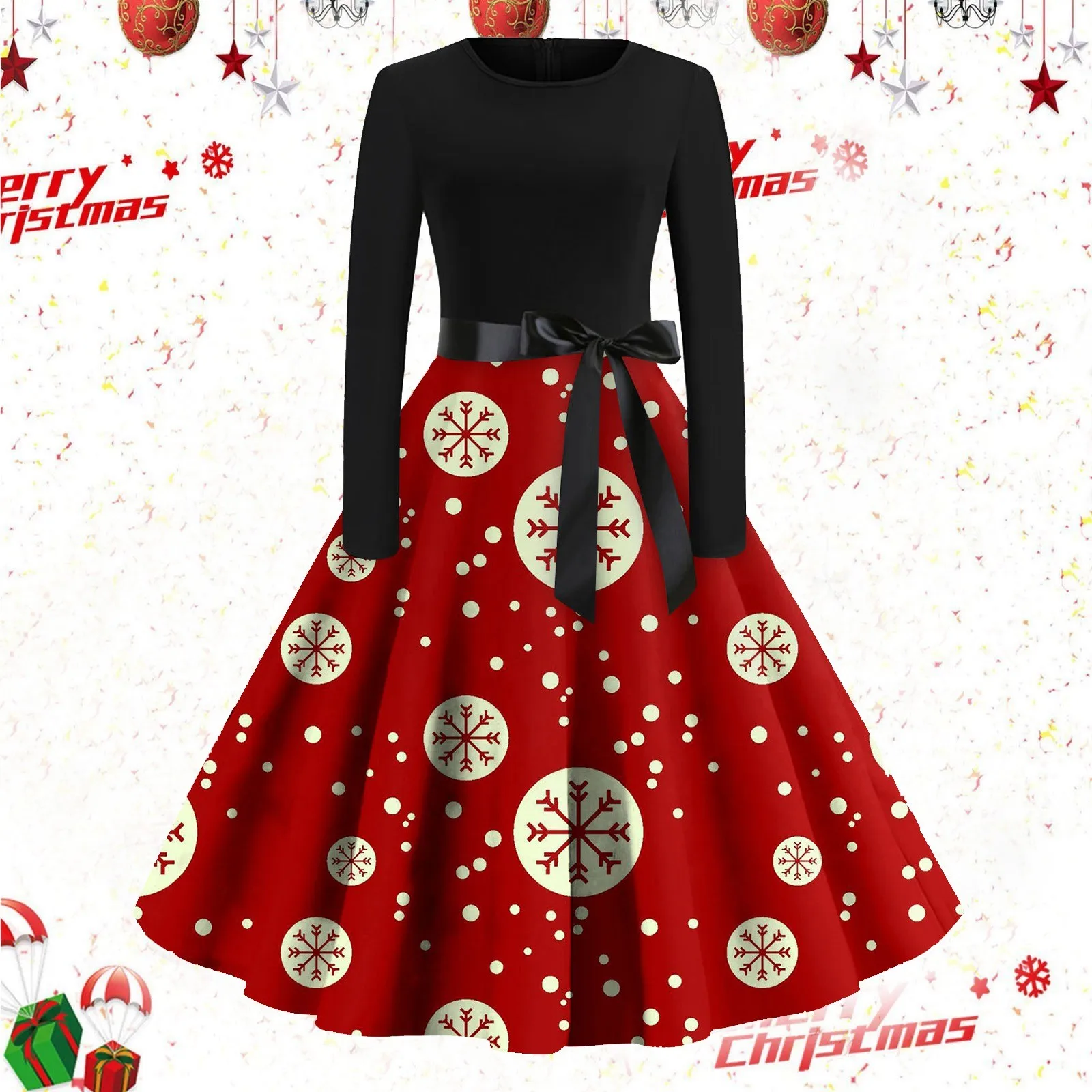 

Two Piece Dress Evening Ladies Round Neck Medium Long Sleeve Bow Zipper Christmas Dress Dress Casual Dress Women's Midi Dress