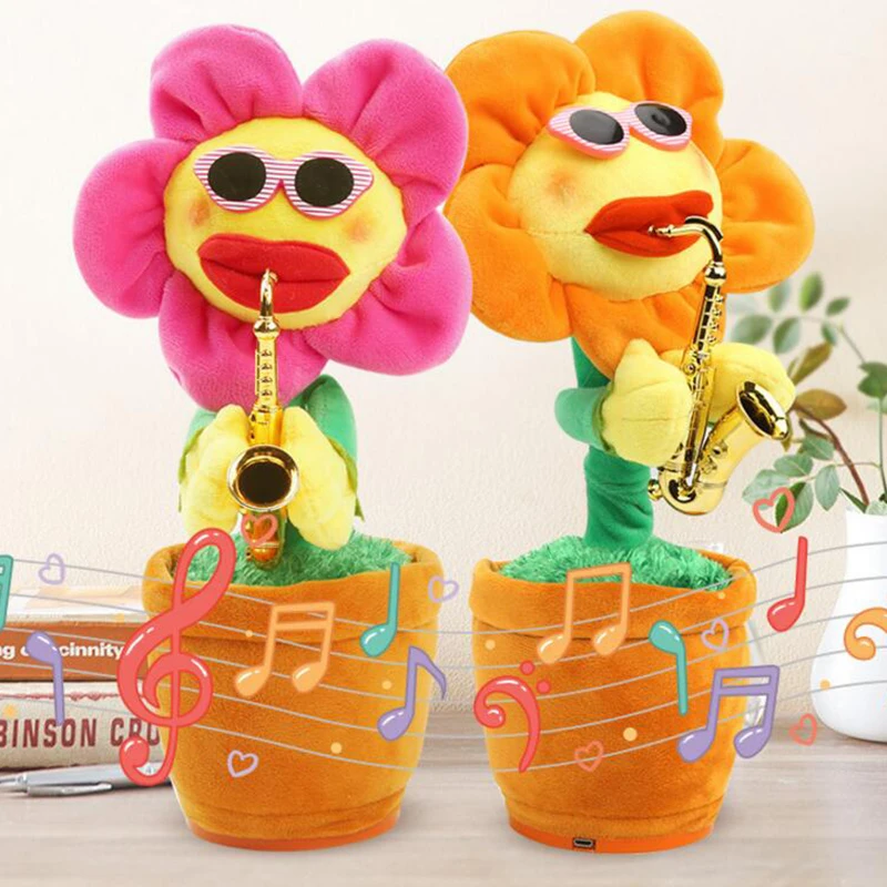 

Hot peluche enchanting flower sunflowers selling electric toy will sing and dance saxophone sunflower plush toys for children