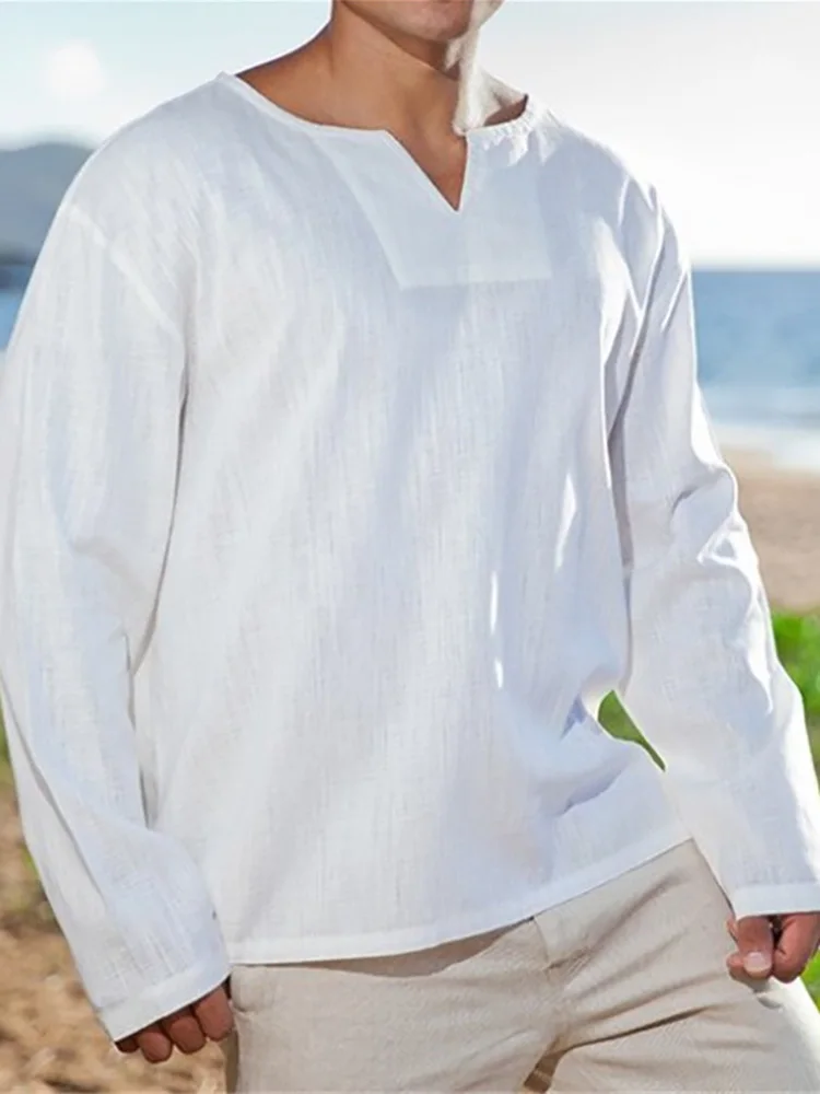 

Повседневные однотонные льняные свободные топы, рубашка, Мужская футболка с длинным рукавом и V-образным вырезом, модная весенняя Новинка ...