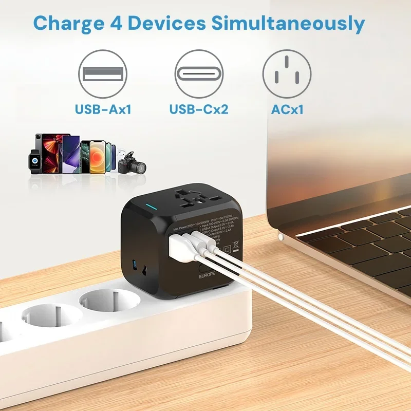Фото Многофункциональный адаптер 220В на 5В с разъемом USB Type-C, многоконтактный с USB-зарядкой, универсальный дорожный адаптер для ЕС/Великобритании/США. №1